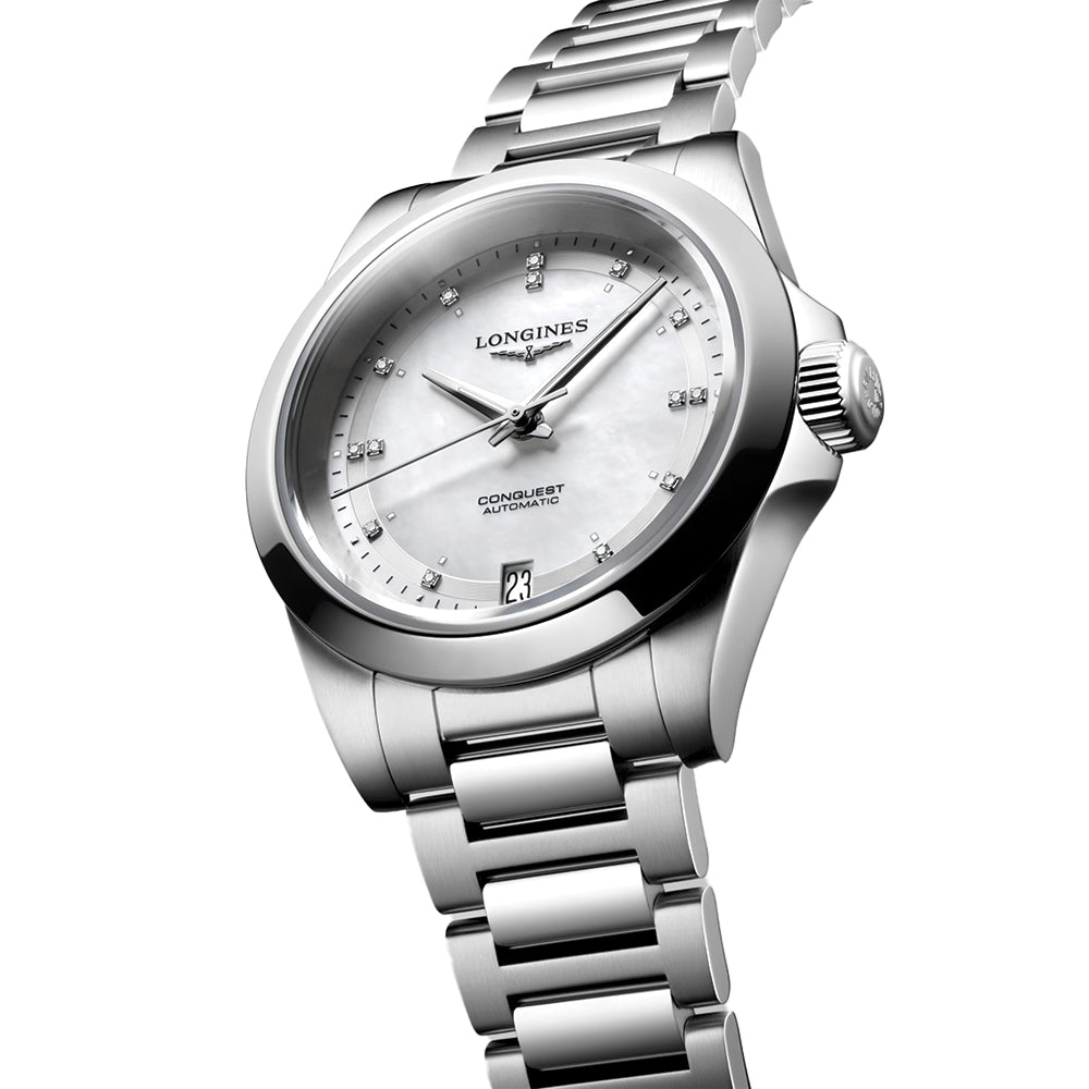 longines Conquest 34mm - White, Mother-of-Pearl w/ Diamonds on Bracelet