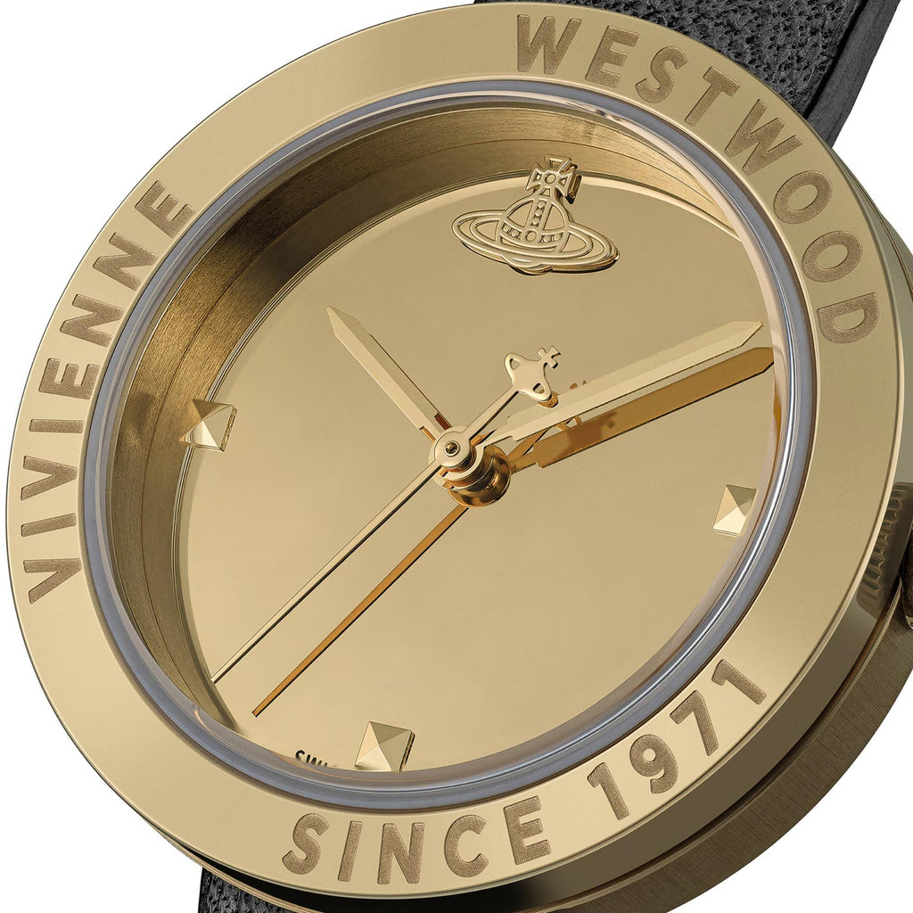 Vivienne Westwood Rebel 30mm Gold Dial Leather Ladies Quartz Watch VV303BKGD